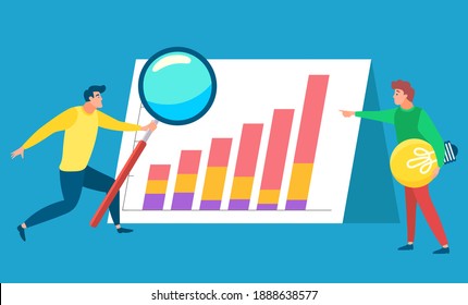 Analysis And Statistics Vector, Man With Tools For Business. Magnifying Glass For Research And Bulb Idea. Infochart With Glowing Data Results Flat Style