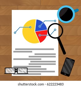 Analysis of statistics. Workplace with chart and coffee, vector illustration