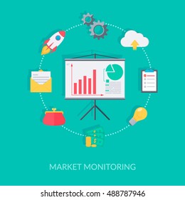 Analysis symbols and diagrams. Digital monitoring and analytics. Modern flat design template.