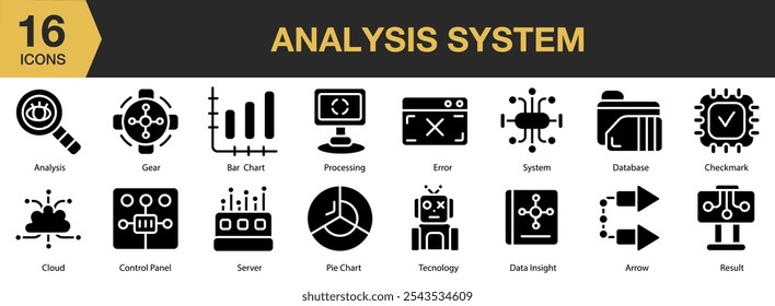 Analysis System icon set. Includes analysis, arrow, bar chart, checkmark, cloud, and More. Solid icons vector collection.