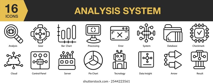 Analysis System icon set. Includes analysis, arrow, bar chart, checkmark, cloud, and More. Outline icons vector collection.