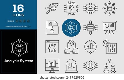 Analysis System set of outline icons related to analysis, infographic, analytics. Editable stroke. Vector illustration. 