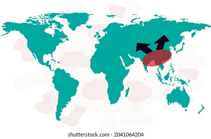Analysis table showing the country of China, the place of distribution of the corona virus, on the world map