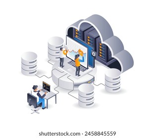 Analyseteam betreut Technologie-Cloud-Server, Infografik 3D-Illustration flach isometrisch