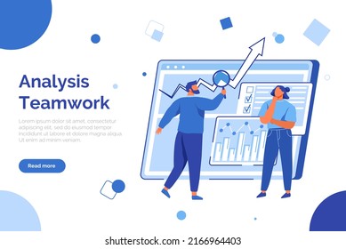 Análisis del concepto de trabajo en equipo. Plantilla de la página de inicio del sitio web comercial. Las personas trabajan con datos financieros para el desarrollo de empresas. Los colegas analizan los indicadores estadísticos. Trabajo exitoso con el proyecto