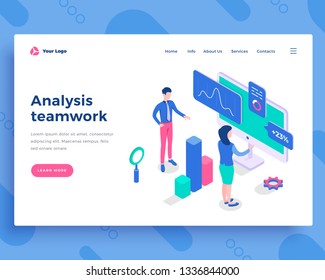 Analysis teamwork concept, office people and interact with screen. Landing page template. 3d isometric vector illustration.