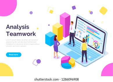 Analysis teamwork, people working together web vector. Male and female with laptop screen and diagrams, schemes and charts info in visual representation. Website template, landing page in flat style