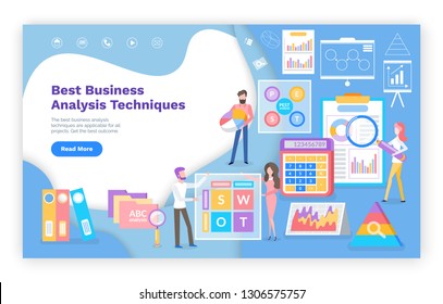 Analysis techniques in business web page or site template vector. Graphics and charts, folders and documents, calculator, landing page flat style