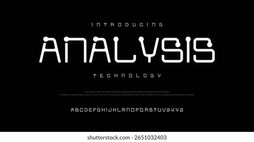 Logo-Alphabet-Schriftarten der Analysetechnologie. Typografie urbanen Stil Alphabet Schriftarten für Mode, Sport, Technologie, digital, Film, Logo-Design, Vektorgrafik