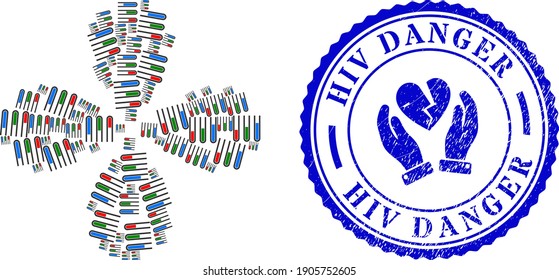 Analysis test tubes centrifugal flower with four petals, and blue round HIV DANGER corroded badge with icon inside. Object flower composed from oriented analysis test tubes items.
