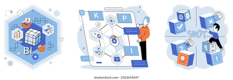 Analysis tool. Business intelligence. Vector illustration The research study explores new avenues for growth Graphs and charts facilitate datinterpretation Development strategies focus on product