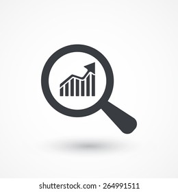 Analysis trend growth icon. Magnifying glass and rising bars chart graph. Review market tendency data icon