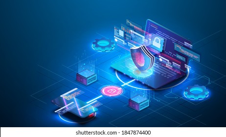 Analysis trends, software development coding process concept. Personal data security in isometric. Online file server protection system concept with computer and lock, fingerprint. Secure information