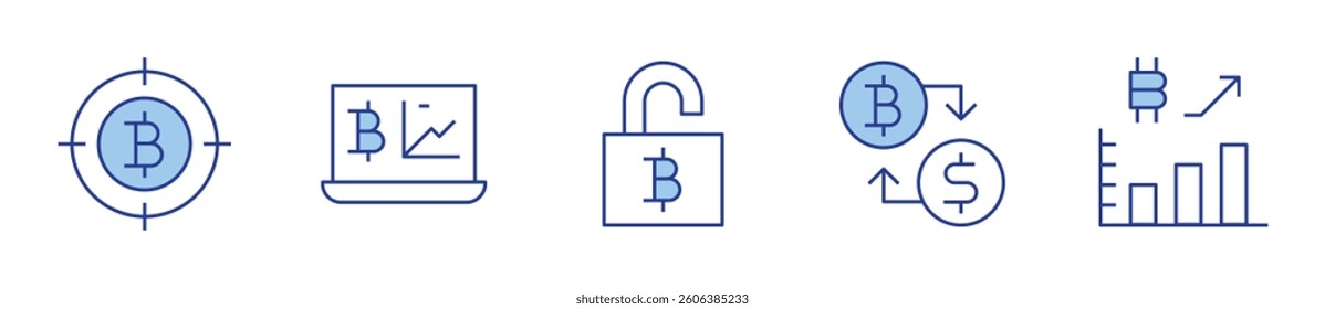 analysis, unlock, exchange, statistics, bitcoin. Bitcoin Icon vector illustration. Line Duotone style. Editable stroke.