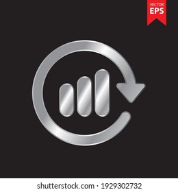 Icono de actualización de análisis en estilo plateado de moda aislado en fondo negro. Símbolo de negocio y oficinas para el diseño de su sitio web, logotipo, aplicación, interfaz de usuario. Ilustración vectorial Eps10.