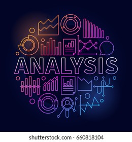 Analysis vector colorful illustration. Colorful round symbol made with word ANALYSIS and diagram or chart icons on dark background