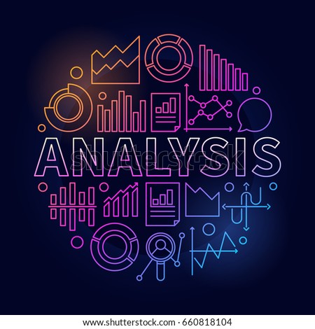 Analysis vector colorful illustration. Colorful round symbol made with word ANALYSIS and diagram or chart icons on dark background