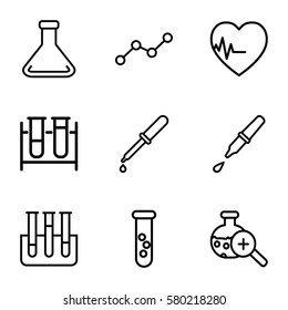 analysis vector icons. Set of 9 analysis outline icons such as test tube, pipette, test tube search, heartbeat