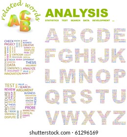 ANALYSIS. Vector letter collection. Illustration with different association terms.