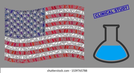 Analysis vial items are combined into United States flag collage with blue rectangle distressed stamp seal of Clinical Study text.