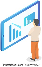Analysis visual graphics, chart, man worker looking at screen, statistical research, analysing info, report, financial audit. Male character studying statistics, growth graph, statistical indicators