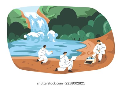 Analysis of water pollution and damage to nature, researchers and scientists measuring harmful elements in lake, river or waterfall. Care for ecolog, group of people with tools. Vector in flat style
