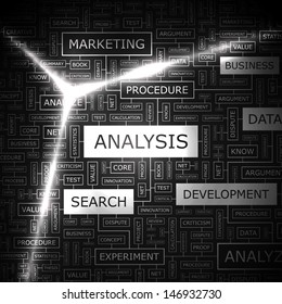 ANALYSIS. Word cloud illustration. Graphic tag collection. Vector concept collage. 