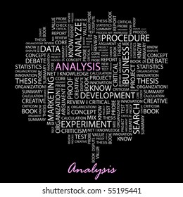 ANALYSIS. Word collage on black background. Illustration with different association terms.
