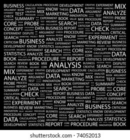 ANALYSIS. Word collage on black background. Vector illustration. Illustration with different association terms.