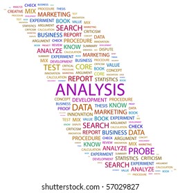 ANALYSIS. Word collage on white background. Illustration with different association terms.