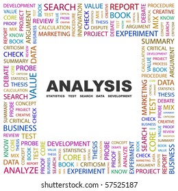 ANALYSIS. Word collage on white background. Illustration with different association terms.