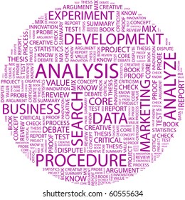 ANALYSIS. Word collage on white background. Illustration with different association terms.