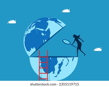 Analysis of the world economy. Businesswoman using a magnifying glass to look at the world