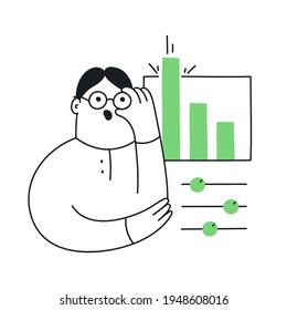 The analyst adjusts the glasses on his face. Working with data, setting, data analytics, and mathematical research. Flat thin line vector illustration on white.