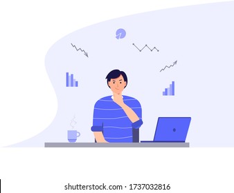 The analyst calculates and analyzes business development strategies. A male character sitting at a table analyzes reporting and statistics. Young man at the table with a laptop.