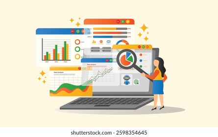 An analyst cartoon for data business analysis and Data Management Syste concept with KPI and metrics connected to the database for technology finance, operations, sales, marketing and customer service