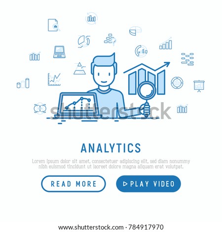 Analyst collecting and analyzing data concept with thin line icons: diagram, chart, statistics, pyramid. Modern vector illustration, web page template.