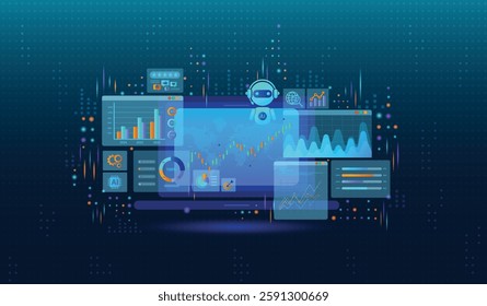 An analyst for data business analysis and Data Management System icons concept with KPI and metrics connected to the database for technology finance, operations, sales, marketing and customer service.