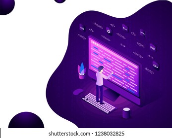 Analyst or developer fixing the problem on desktop, different programing languages sign or symbols for Web Development concept based isometric design.