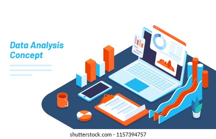 Analyst or developer workplace isometric illustration with laptop, bar and smartphone for data analysis concept.