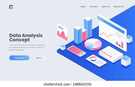 Analyst or developer workplace, isometric illustration of smartphone with infographic elements for Data Analysis and Management concept.