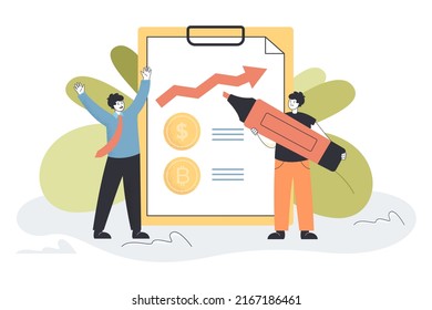 Analyst drawing rising currency chart with marker. Positive forecast for dollar, bitcoin from tiny people flat vector illustration. Stock market concept for banner, website design or landing web page