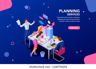 Analyst, financial banner. Planner, corporate earning calculate, data discussion. Consultant concept, characters, text on flat isometric emblem. Flowchart icons, infographic images vector illustration