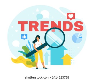 Analyst forecasting future trends flat web banner template. Data analysis, stock market analytics. Trader, broker, business marketer with magnifier. Pie charts, diagrams, graph growth infographics