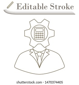 Analyst With Gear Head And Calculator Inside Icon. Editable Stroke Simple Design. Vector Illustration.
