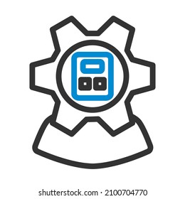 Analyst With Gear Head And Calculator Inside Icon. Editable Bold Outline With Color Fill Design. Vector Illustration.