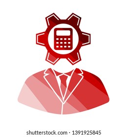 Analyst With Gear Hed And Calculator Inside Icon. Flat Color Ladder Design. Vector Illustration.