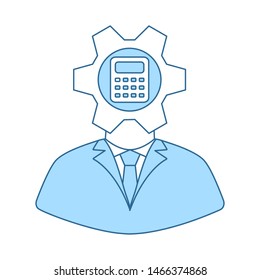 Analyst With Gear Hed And Calculator Inside Icon. Thin Line With Blue Fill Design. Vector Illustration.