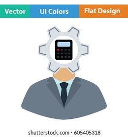Analyst with gear hed and calculator inside icon. Flat design. Vector illustration.