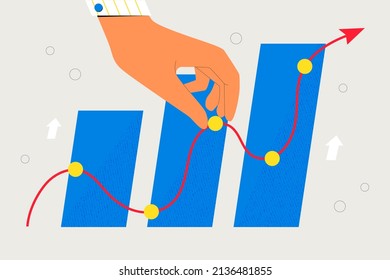 Analyst hand collect data and analyse business. Economics strategy, analysis of sales, statistic, data stat arrow illustration for banner, landing web page. Business solution for ui or mobile app.